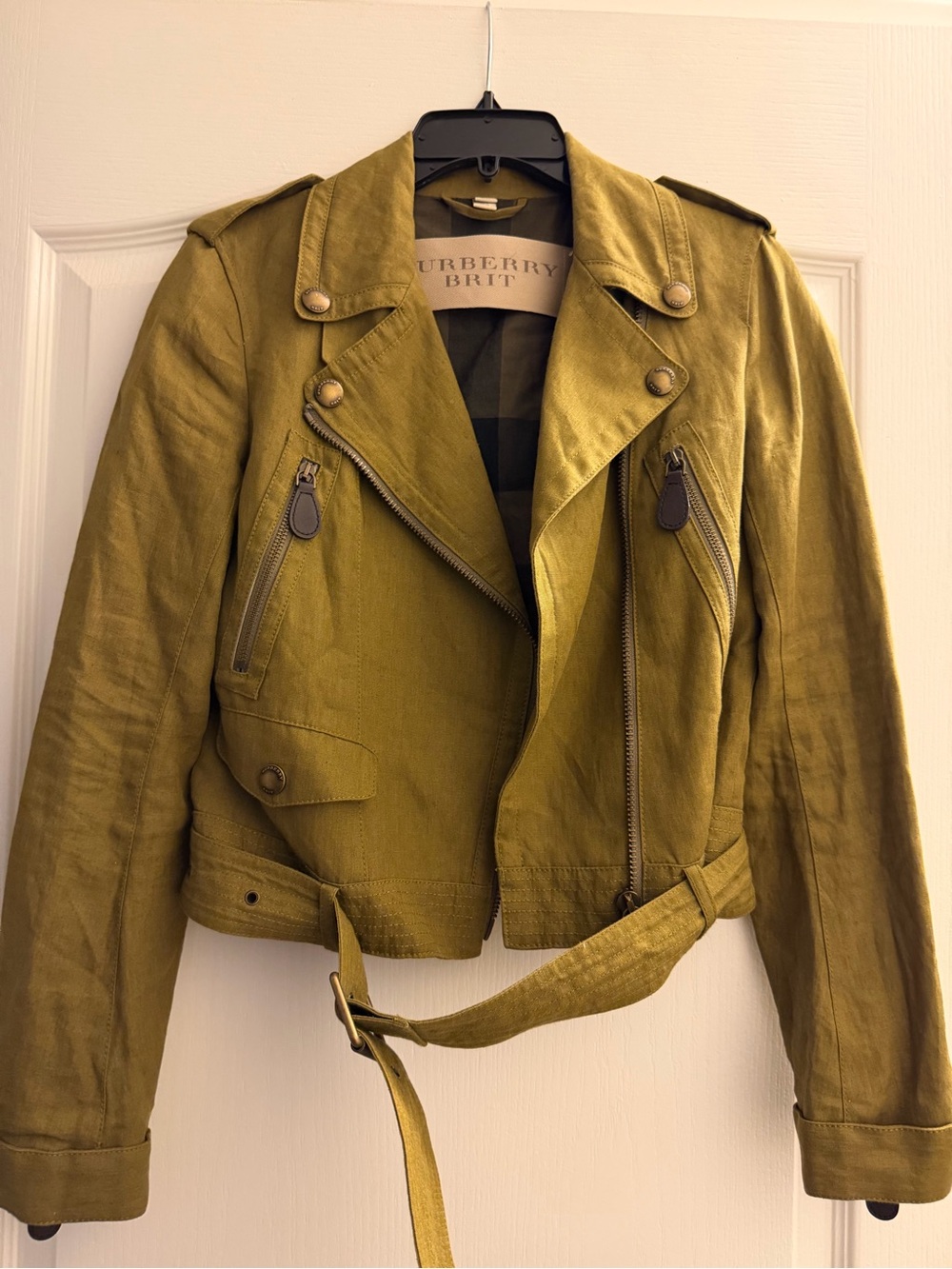 Burberry Brit Olive Green Moto-Style Linen jacket